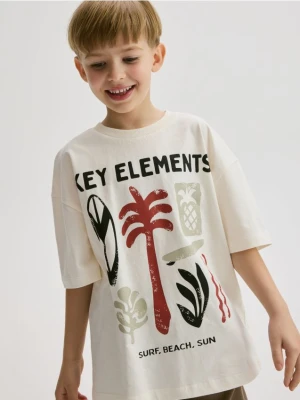 Reserved - Bawełniany t-shirt z nadrukiem - złamana biel