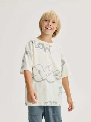 Reserved - Bawełniany t-shirt z nadrukiem - złamana biel