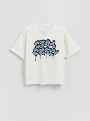 Reserved - Bawełniany t-shirt z nadrukiem - złamana biel