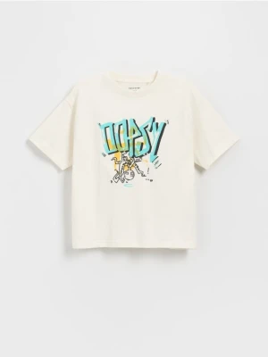 Reserved - Bawełniany t-shirt z nadrukiem - złamana biel