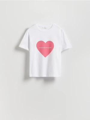 Reserved - Bawełniany t-shirt z nadrukiem - złamana biel