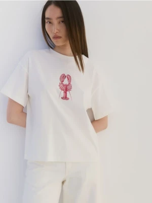 Reserved - Bawełniany t-shirt z nadrukiem - złamana biel