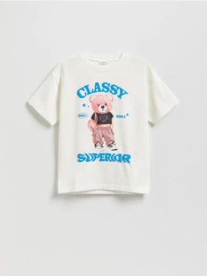 Reserved - Bawełniany t-shirt z nadrukiem - złamana biel