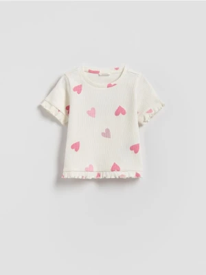 Reserved - Bawełniany t-shirt z nadrukiem - złamana biel