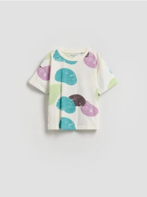 Zdjęcie produktu Reserved - Bawełniany t-shirt z nadrukiem - złamana biel