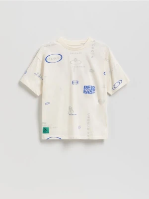 Reserved - Bawełniany t-shirt z nadrukiem - złamana biel