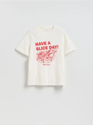 Zdjęcie produktu Reserved - Bawełniany t-shirt z nadrukiem - złamana biel