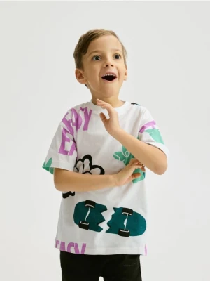 Reserved - Bawełniany t-shirt z nadrukiem - złamana biel