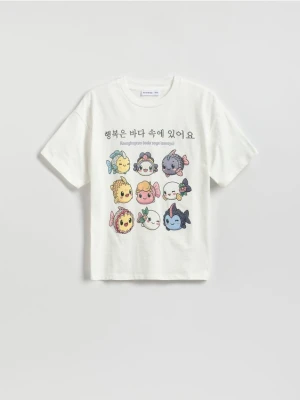 Reserved - Bawełniany t-shirt z nadrukiem - złamana biel