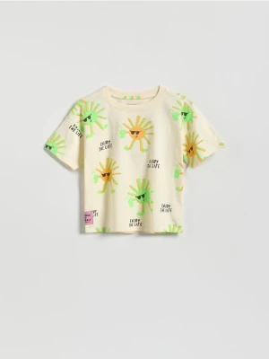 Reserved - Bawełniany t-shirt z nadrukiem - złamana biel