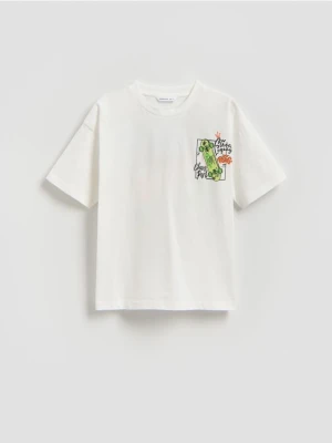 Reserved - Bawełniany t-shirt z nadrukiem - złamana biel