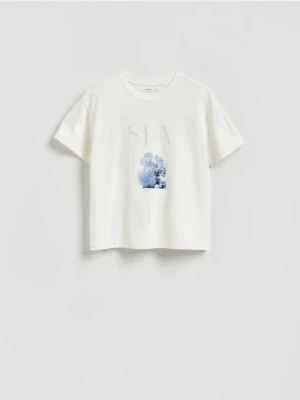 Reserved - Bawełniany t-shirt z nadrukiem - złamana biel