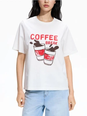 Reserved - Bawełniany t-shirt z nadrukiem - złamana biel