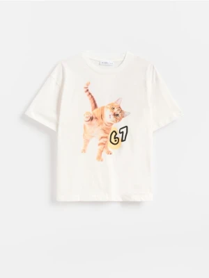 Reserved - Bawełniany t-shirt z nadrukiem - złamana biel
