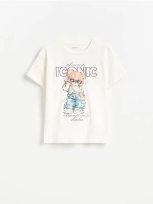 Reserved - Bawełniany t-shirt z nadrukiem - złamana biel