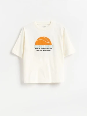 Reserved - Bawełniany t-shirt - złamana biel