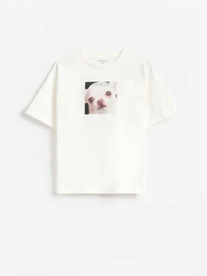 Reserved - Bawełniany t-shirt - złamana biel