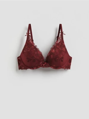 Reserved - Biustonosz push up z haftem - mahoniowy