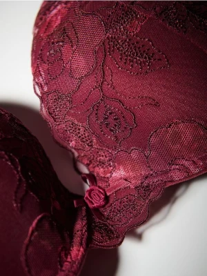 Reserved - Biustonosz push up z haftem - mahoniowy