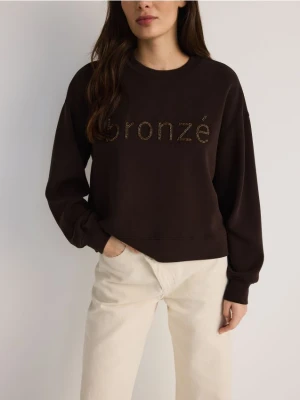 Reserved - Bluza z haftem - ciemnobrązowy