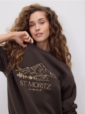 Reserved - Bluza z haftem - ciemnobrązowy