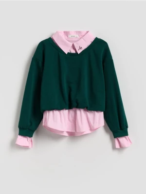 Reserved - Bluza z imitacją koszuli - ciemnozielony