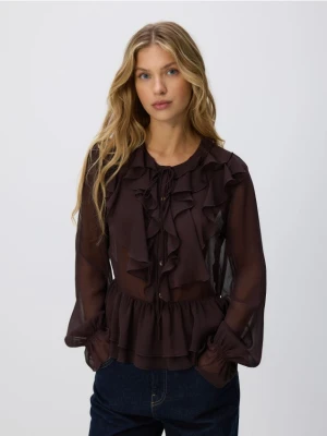 Reserved - Bluzka z falbanami - ciemnobrązowy