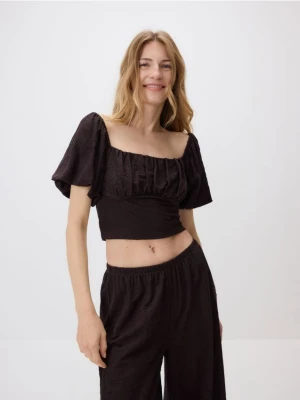 Reserved - Bluzka z haftem - ciemnobrązowy