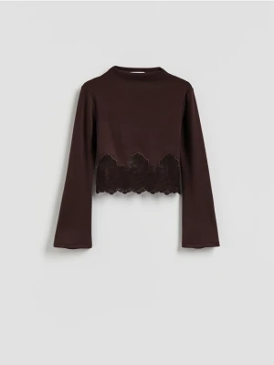 Reserved - Bluzka z koronką - ciemnobrązowy