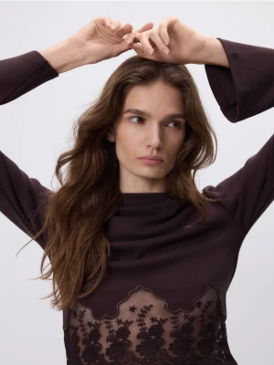 Reserved - Bluzka z koronką - ciemnobrązowy