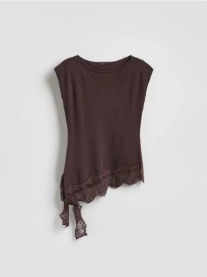 Reserved - Bluzka z koronkowym wykończeniem - ciemnobrązowy