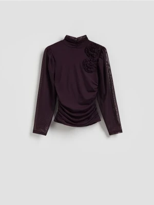 Reserved - Bluzka z kwiatową aplikacją - ciemnofioletowy
