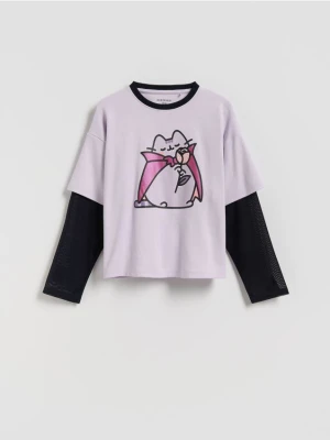 Reserved - Bluzka z łączonych materiałów Pusheen - lawendowy