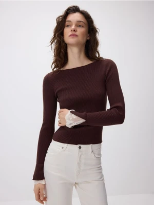 Reserved - Bluzka z ozdobną wstawką - ciemnobrązowy