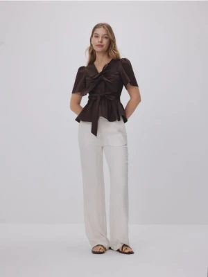 Reserved - Bluzka z ozdobnym wiązaniem - brązowy