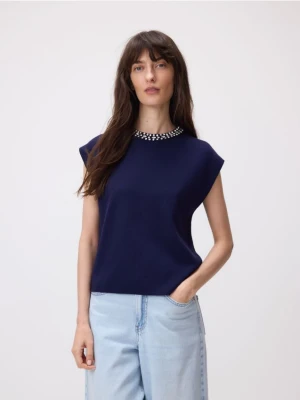 Zdjęcie produktu Reserved - Bluzka z ozdobnymi kamieniami - granatowy
