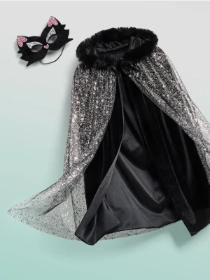 Reserved - Błyszcząca peleryna z maską kotka - czarny