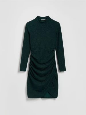 Reserved - Błyszcząca sukienka z drapowaniem - morski