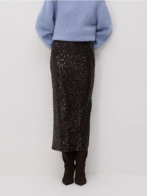 Reserved - Cekinowa spódnica midi - ciemnobrązowy