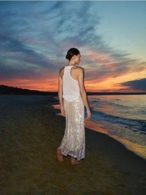 Reserved - Cekinowa spódnica midi - kremowy