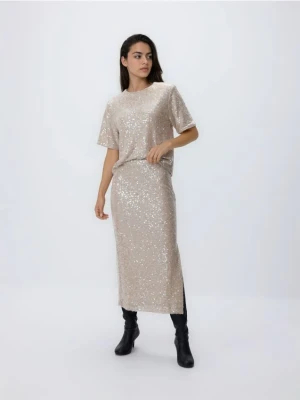 Reserved - Cekinowa spódnica midi - kremowy