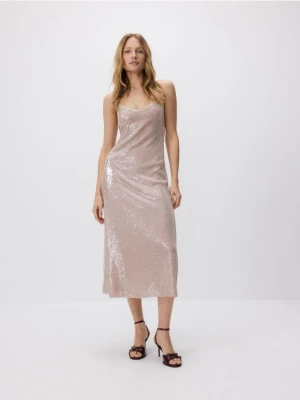 Reserved - Cekinowa sukienka midi - pastelowy róż