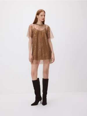 Reserved - Cekinowa sukienka mini - brązowy