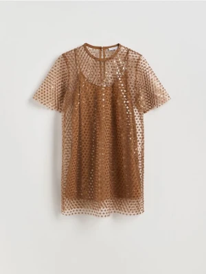 Reserved - Cekinowa sukienka mini - brązowy