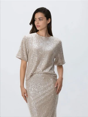 Reserved - Cekinowy t-shirt boxy - kremowy