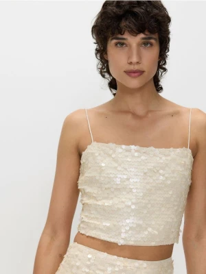 Reserved - Cekinowy top na ramiączka - złamana biel