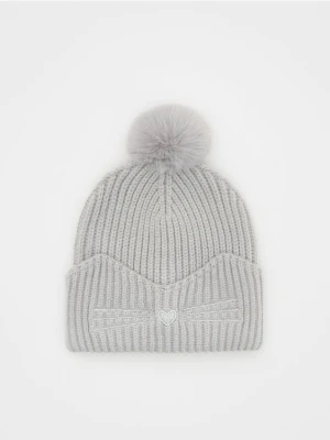 Reserved - Czapka z haftowanym kotem - ciemnoszary