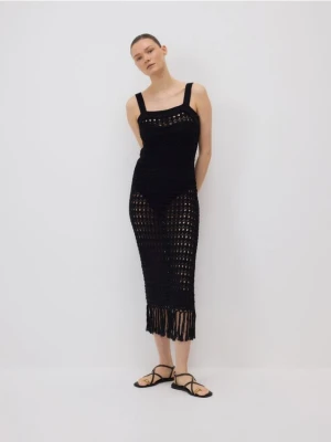 Reserved - Długa narzutka plażowa z frędzlami - czarny