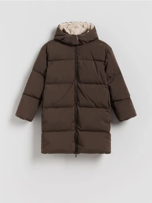 Reserved - Długi płaszcz z puchem - ciemnobrązowy