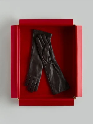 Reserved - Długie skórzane rękawiczki - ciemnobrązowy